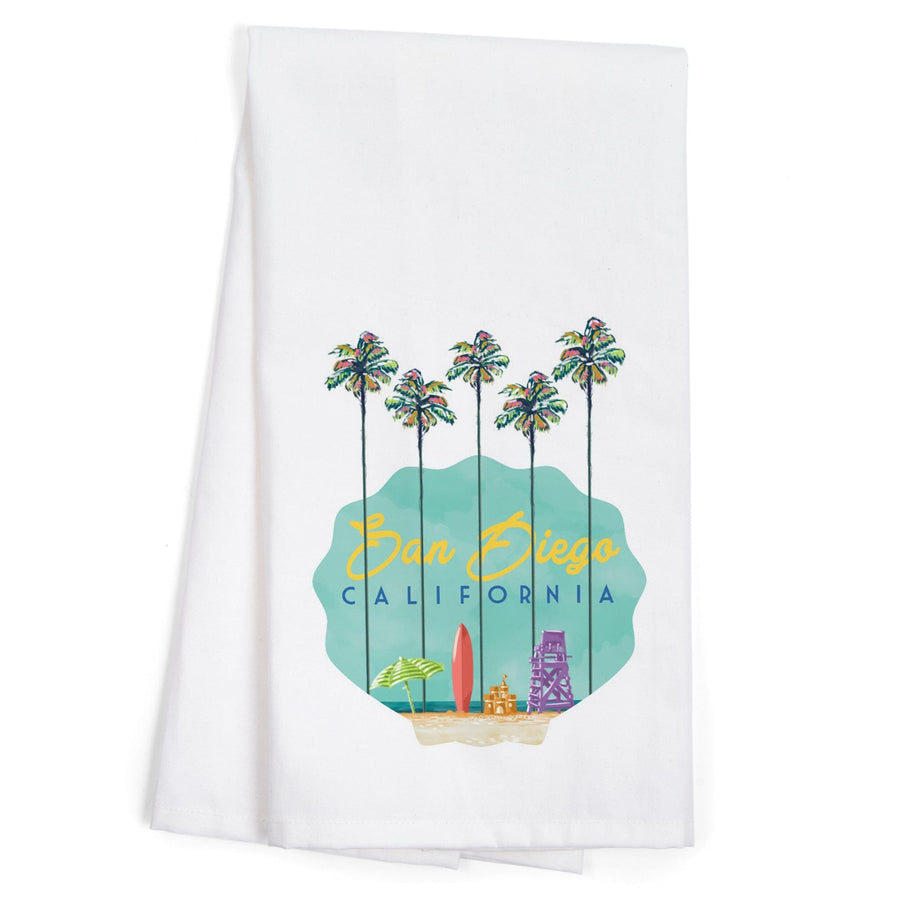 San Diego, California, Tall Palms Beach Scene, Contour, Organic Cotton Kitchen Tea Towels Kitchen Lantern Press 