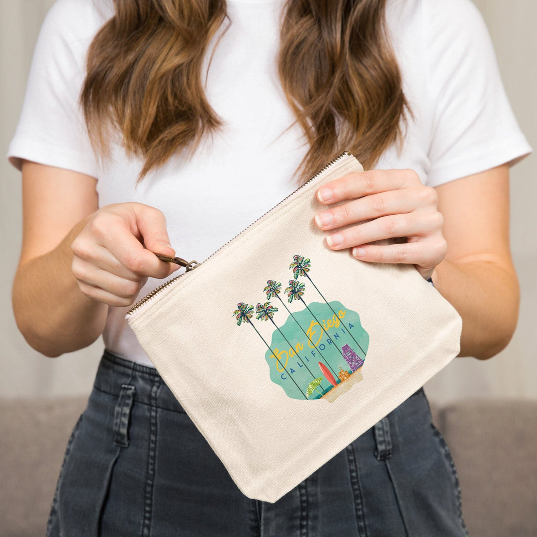 San Diego, California, Tall Palms Beach Scene,, Organic Cotton Zipper Pouch, Go Bag Go Bag Lantern Press 
