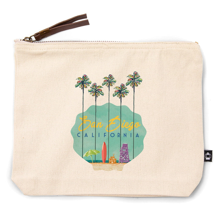San Diego, California, Tall Palms Beach Scene,, Organic Cotton Zipper Pouch, Go Bag Go Bag Lantern Press 