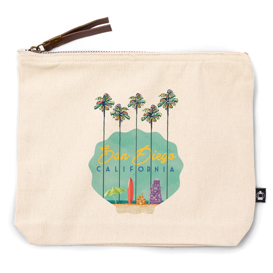 San Diego, California, Tall Palms Beach Scene,, Organic Cotton Zipper Pouch, Go Bag Go Bag Lantern Press 
