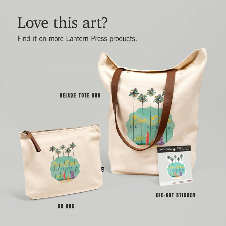 San Diego, California, Tall Palms Beach Scene,, Organic Cotton Zipper Pouch, Go Bag Go Bag Lantern Press 
