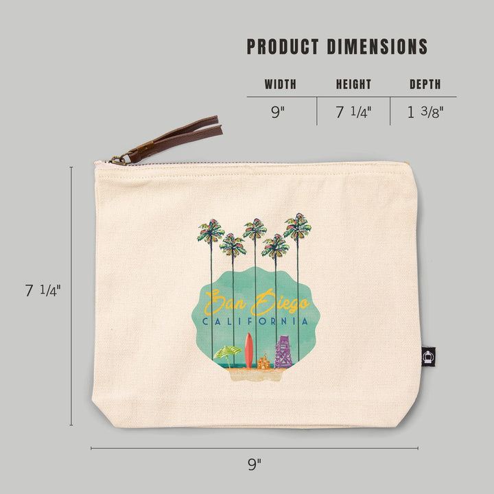 San Diego, California, Tall Palms Beach Scene,, Organic Cotton Zipper Pouch, Go Bag Go Bag Lantern Press 