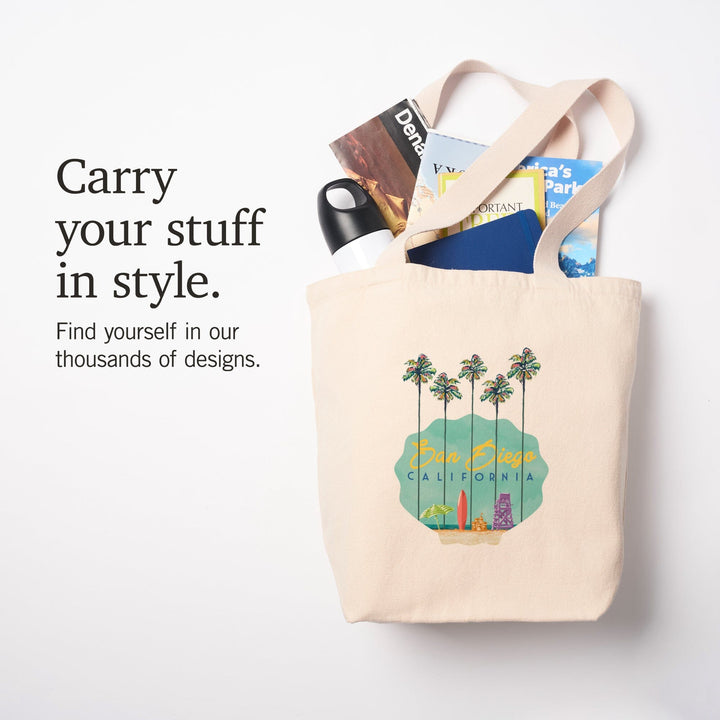 San Diego, California, Tall Palms Beach Scene,, Tote Bag Totes Lantern Press 