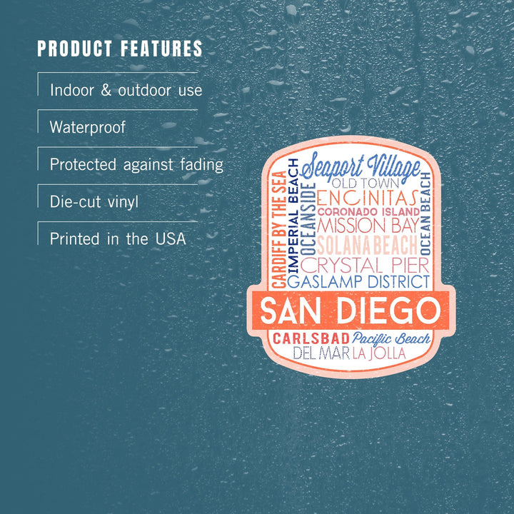 San Diego, California, Typography, Contour, Lantern Press Artwork, Vinyl Sticker Sticker Lantern Press 