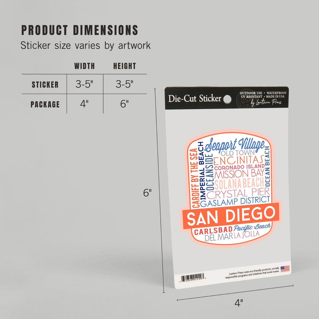 San Diego, California, Typography, Contour, Lantern Press Artwork, Vinyl Sticker Sticker Lantern Press 