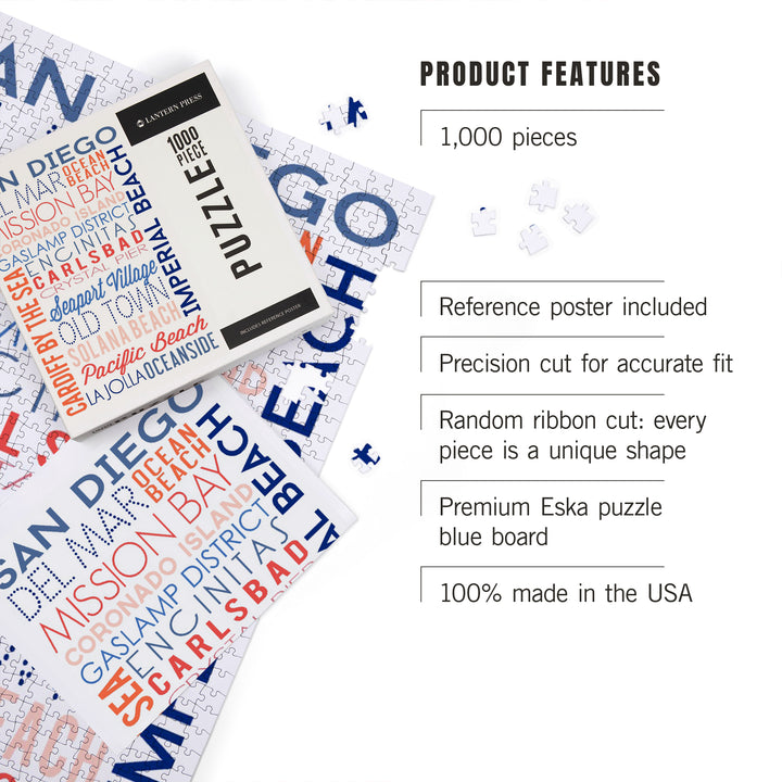 San Diego, California, Typography, Jigsaw Puzzle Puzzle Lantern Press 