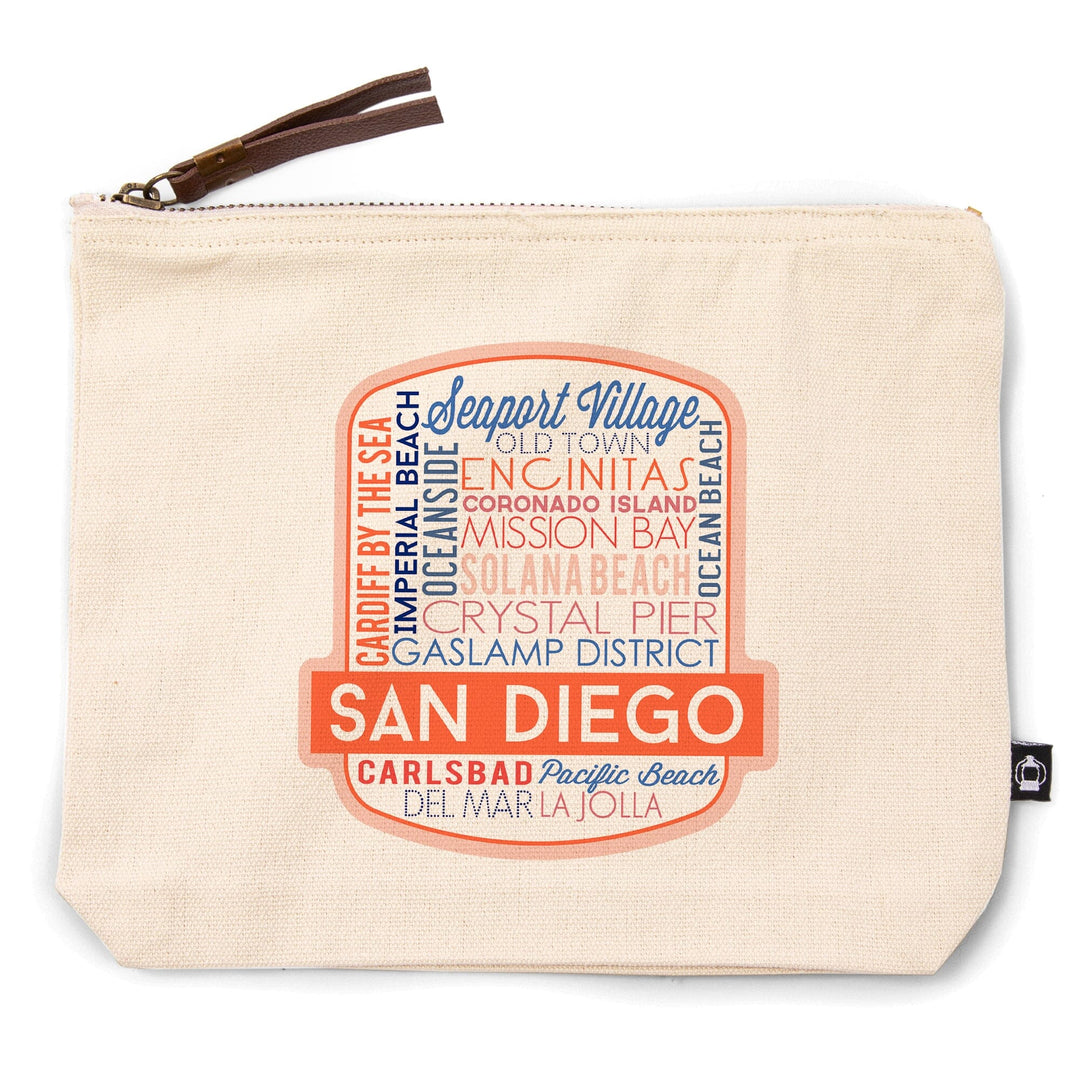 San Diego, California, Typography,, Organic Cotton Zipper Pouch, Go Bag Go Bag Lantern Press 
