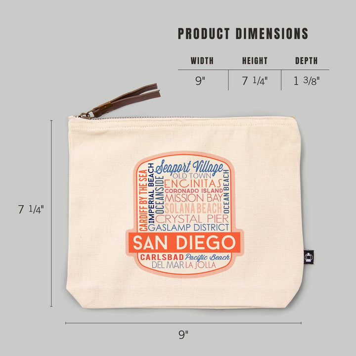 San Diego, California, Typography,, Organic Cotton Zipper Pouch, Go Bag Go Bag Lantern Press 