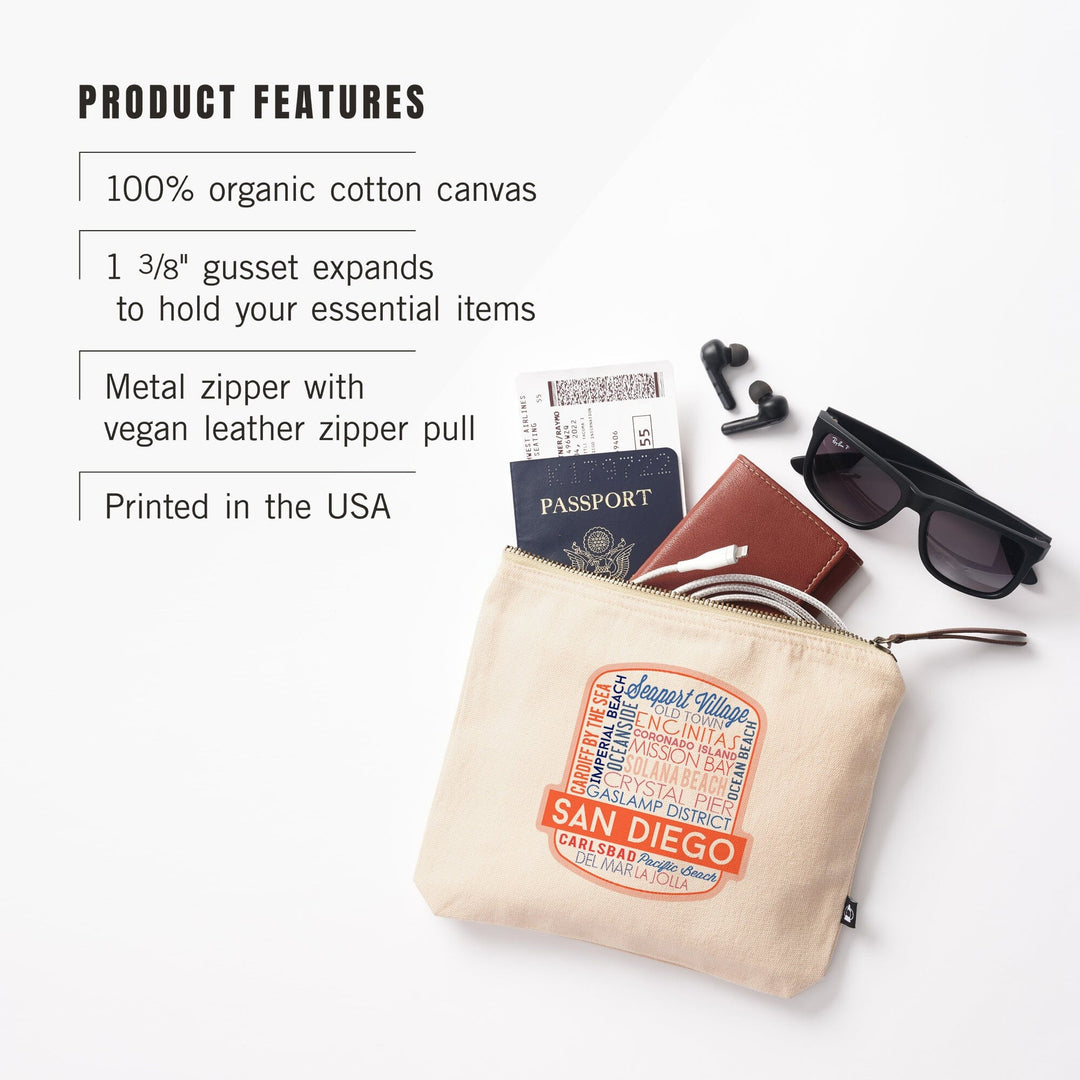 San Diego, California, Typography,, Organic Cotton Zipper Pouch, Go Bag Go Bag Lantern Press 