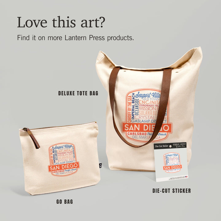 San Diego, California, Typography,, Organic Cotton Zipper Pouch, Go Bag Go Bag Lantern Press 