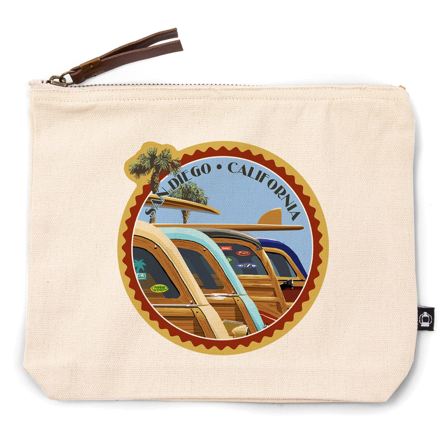 San Diego, California, Woodies Lined Up,, Organic Cotton Zipper Pouch, Go Bag Go Bag Lantern Press 