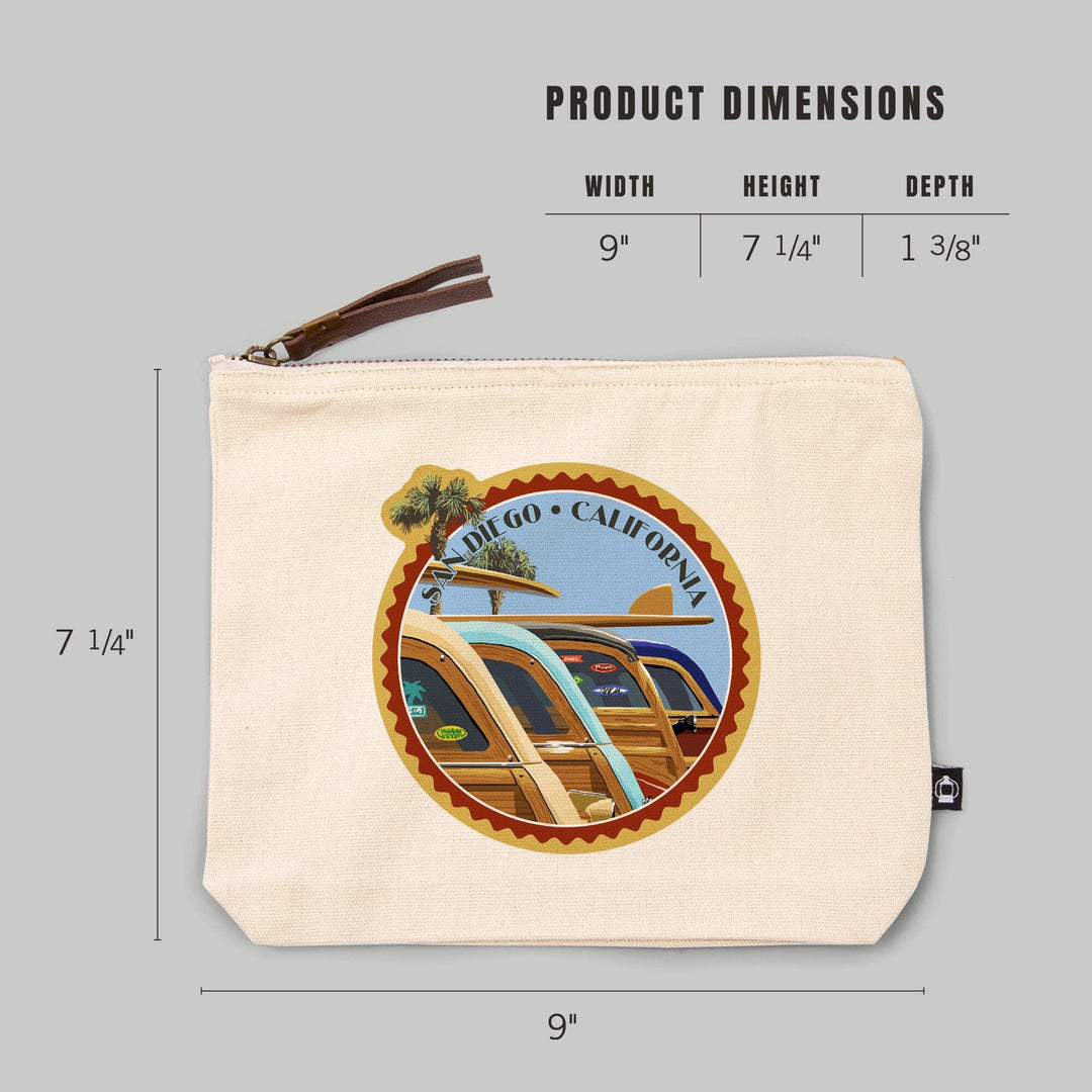 San Diego, California, Woodies Lined Up,, Organic Cotton Zipper Pouch, Go Bag Go Bag Lantern Press 
