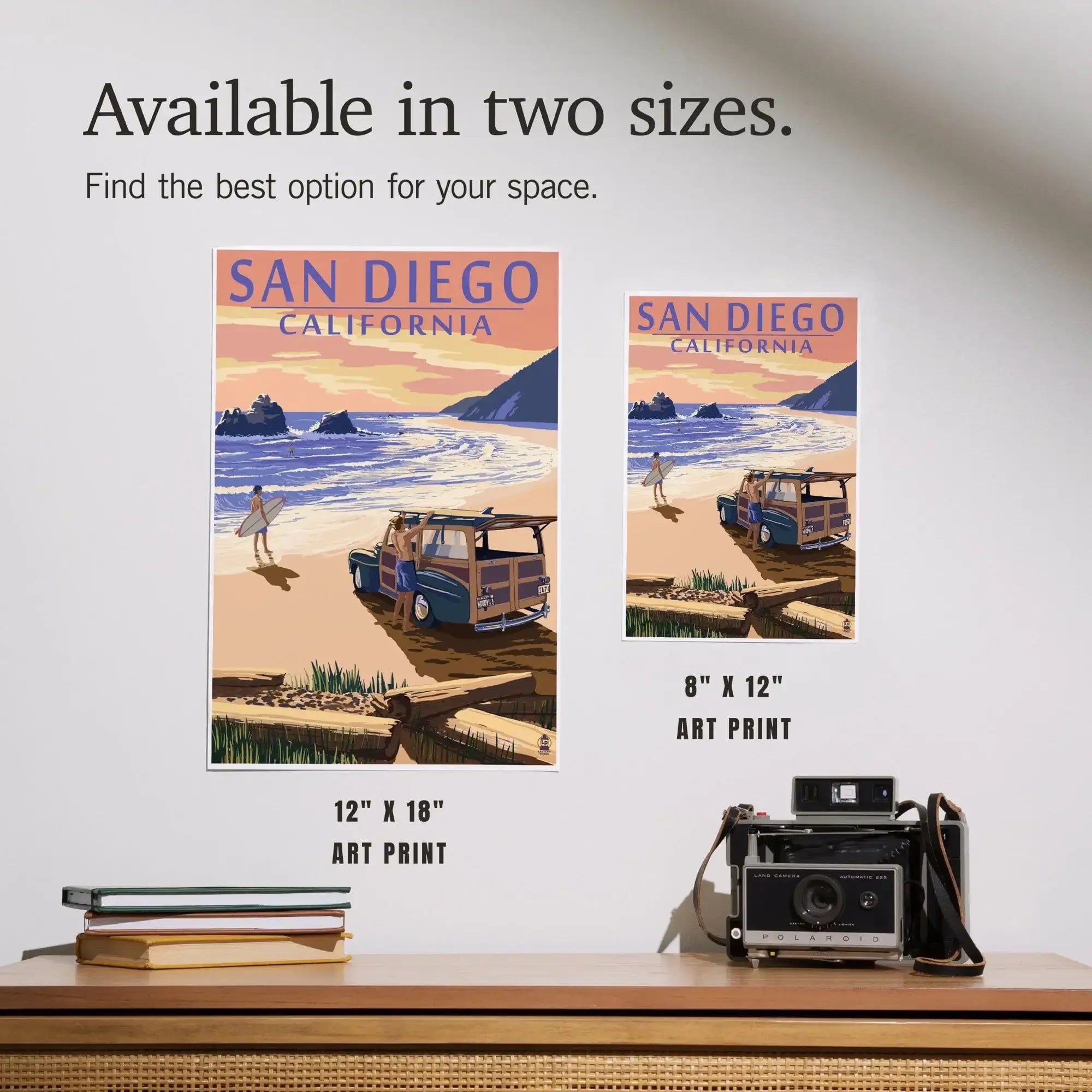 San Diego, California, Woody on Beach art prints, metal signs