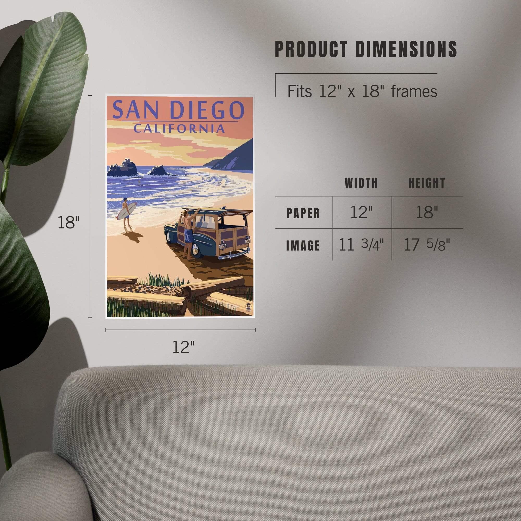San Diego, California, Woody on Beach art prints, metal signs