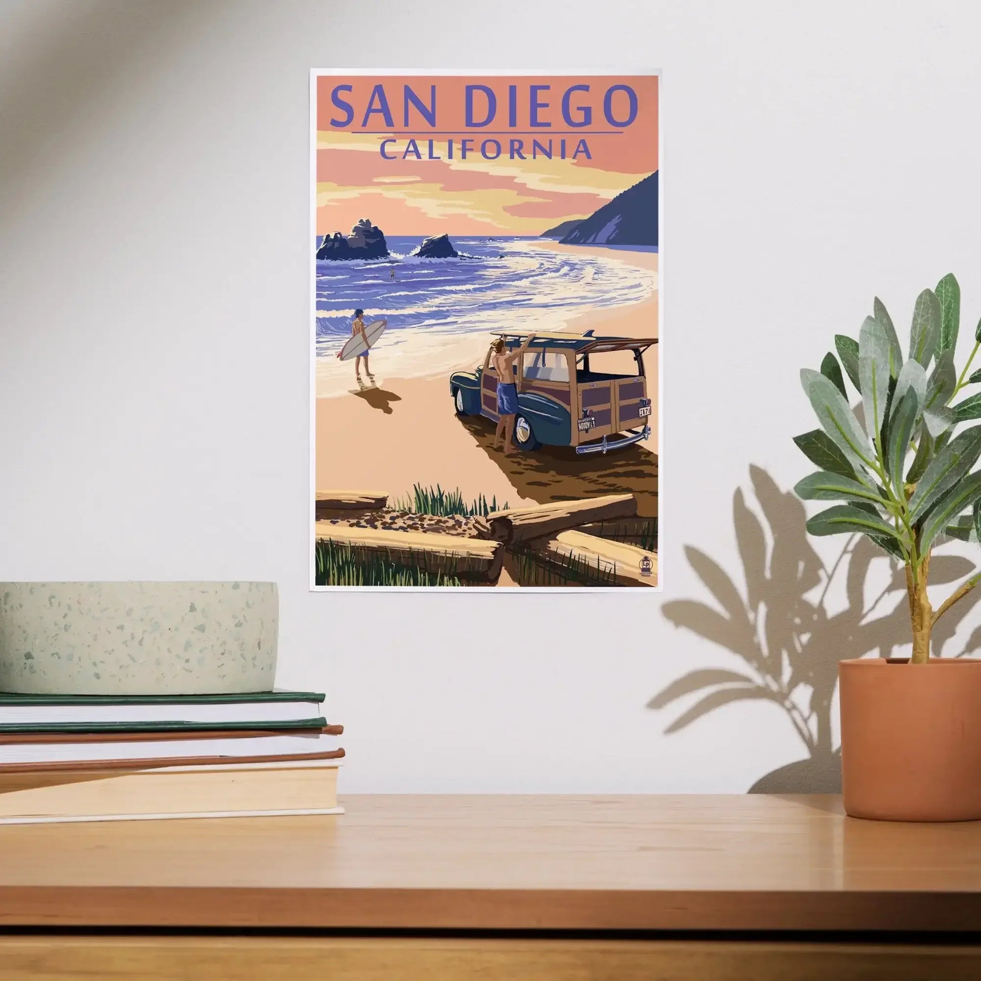San Diego, California, Woody on Beach art prints, metal signs