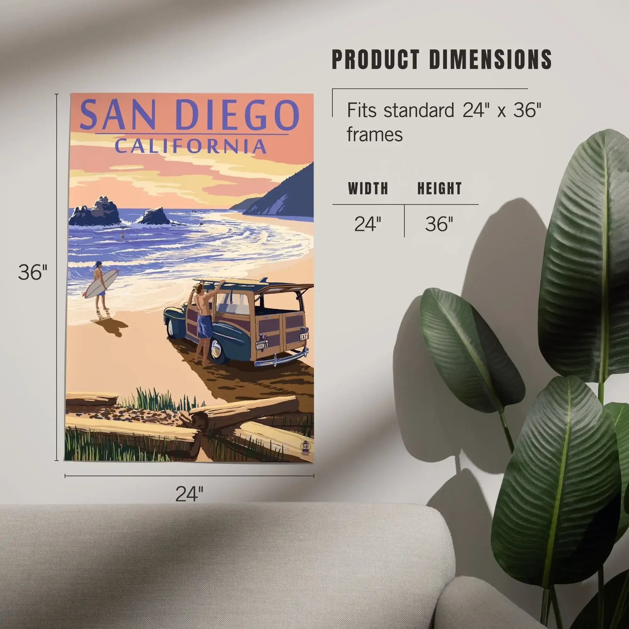 San Diego, California, Woody on Beach art prints, metal signs