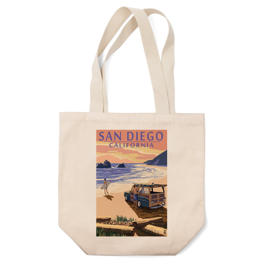 San Diego, California, Woody on Beach, Lantern Press Artwork, Tote Bag Totes Lantern Press 