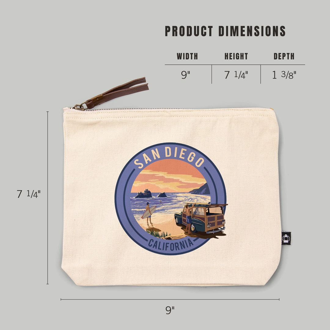 San Diego, California, Woody on Beach,, Organic Cotton Zipper Pouch, Go Bag Go Bag Lantern Press 