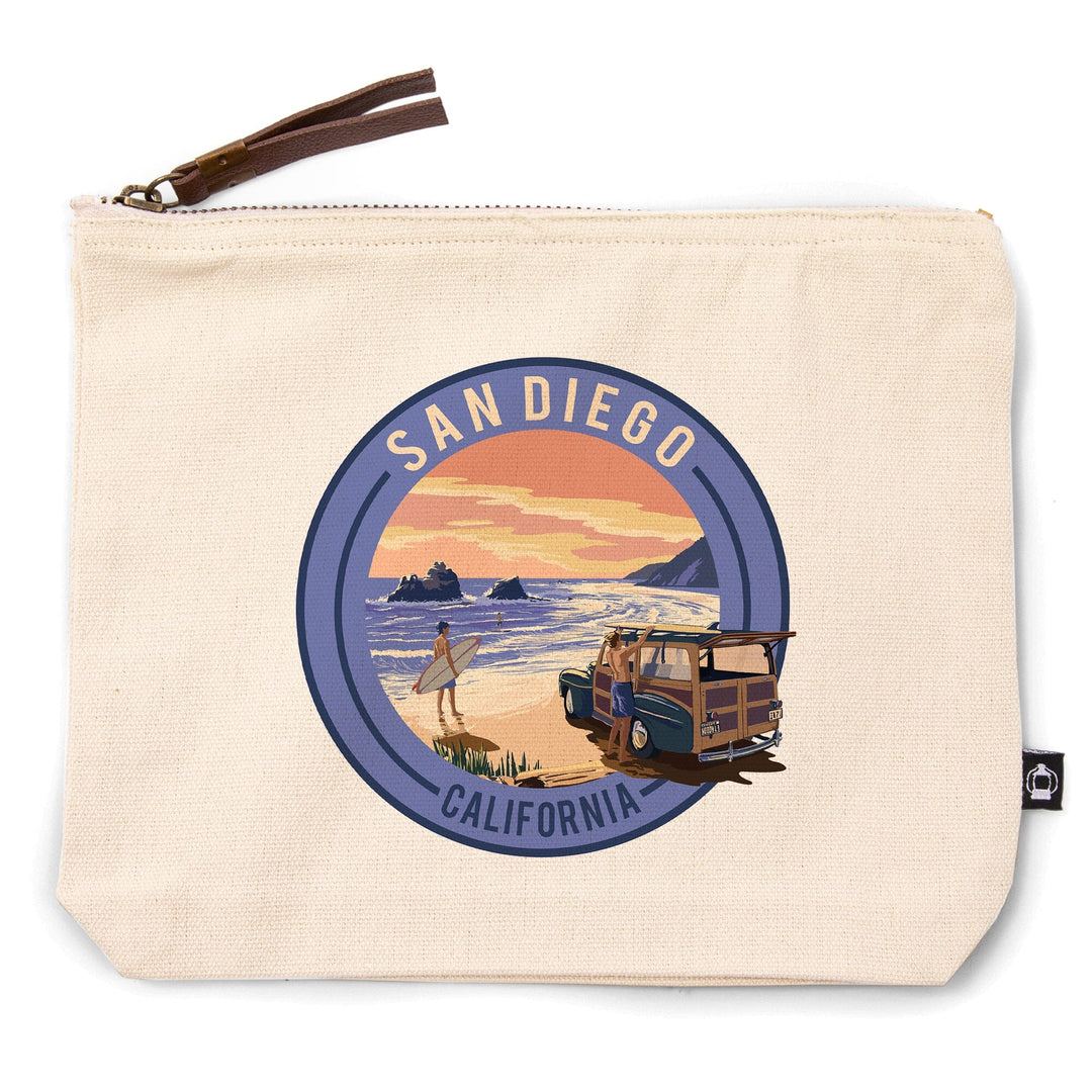San Diego, California, Woody on Beach,, Organic Cotton Zipper Pouch, Go Bag Go Bag Lantern Press 
