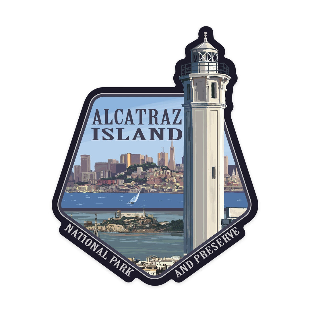 San Francisco, CA, Alcatraz Island and City, Contour, Lantern Press Artwork, Vinyl Sticker Sticker Lantern Press 