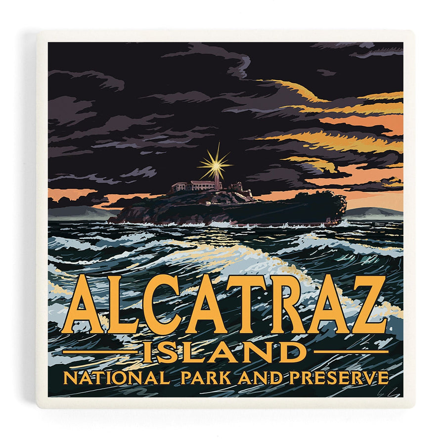 San Francisco, California, Alcatraz Island Night Scene, Coasters Coasters Lantern Press 