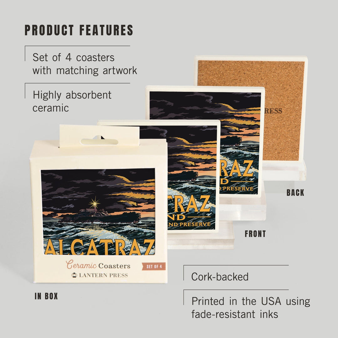 San Francisco, California, Alcatraz Island Night Scene, Coasters Coasters Lantern Press 
