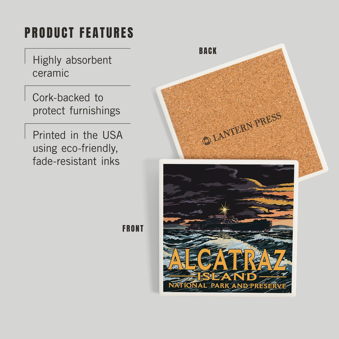 San Francisco, California, Alcatraz Island Night Scene, Coasters Coasters Lantern Press 