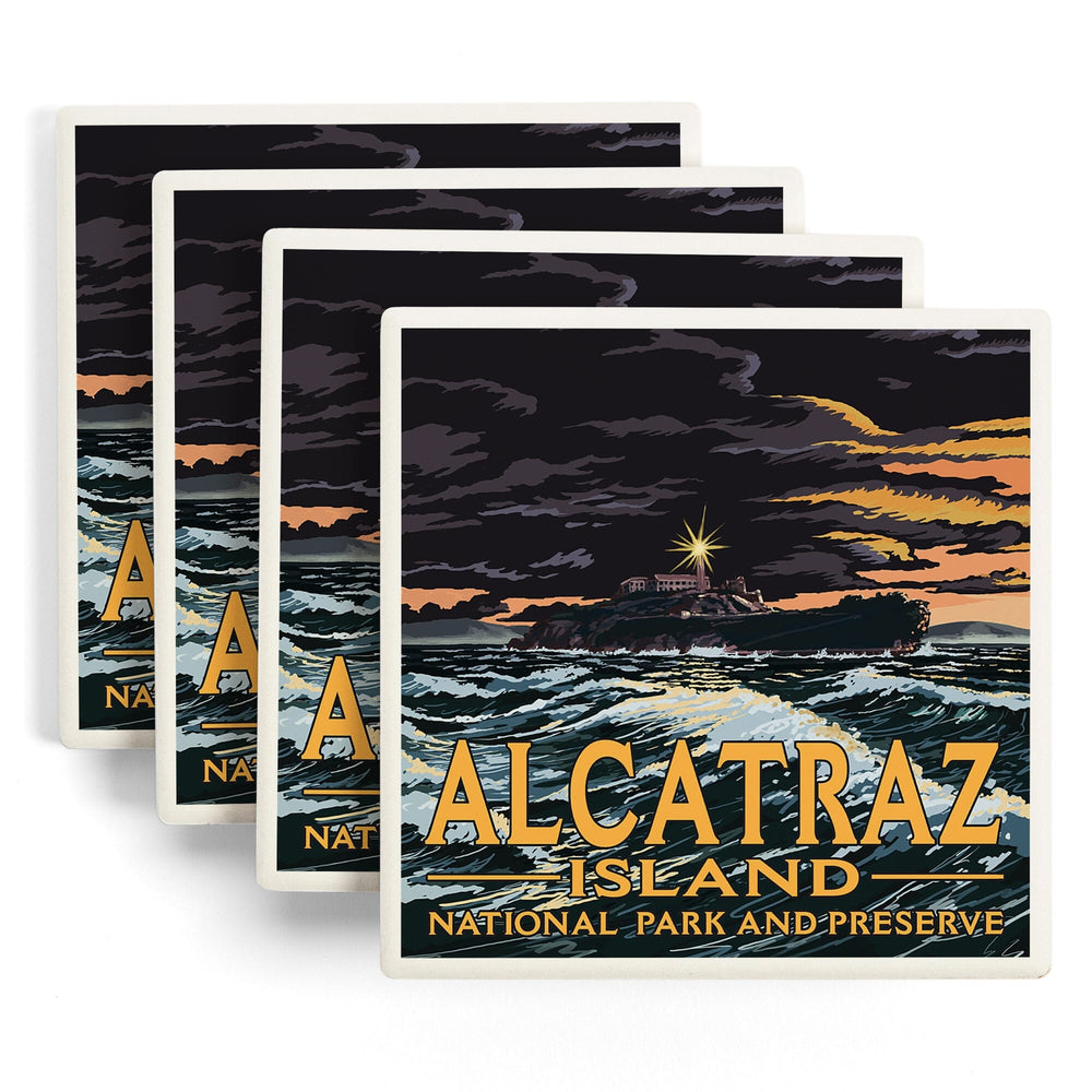 San Francisco, California, Alcatraz Island Night Scene, Coasters Coasters Lantern Press 