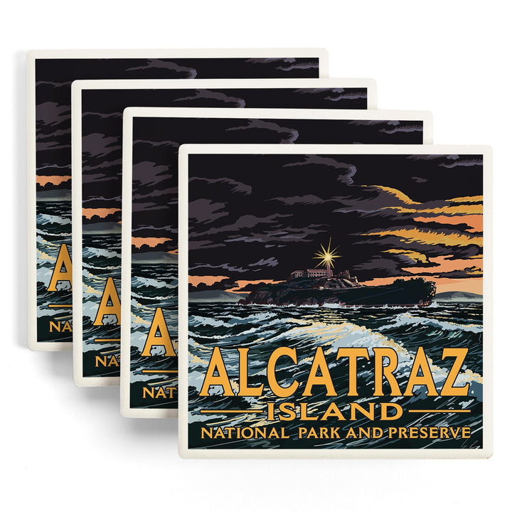 San Francisco, California, Alcatraz Island Night Scene, Coasters Coasters Lantern Press 