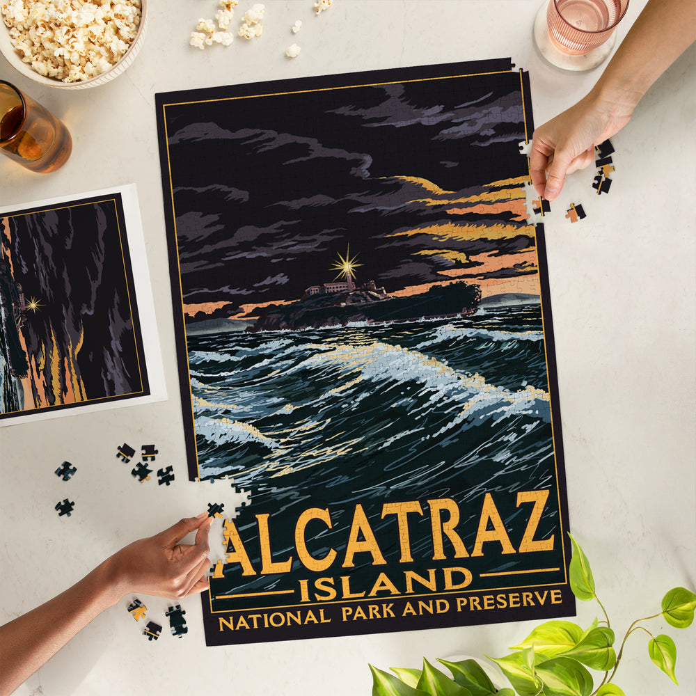 San Francisco, California, Alcatraz Island Night Scene, Jigsaw Puzzle Puzzle Lantern Press 
