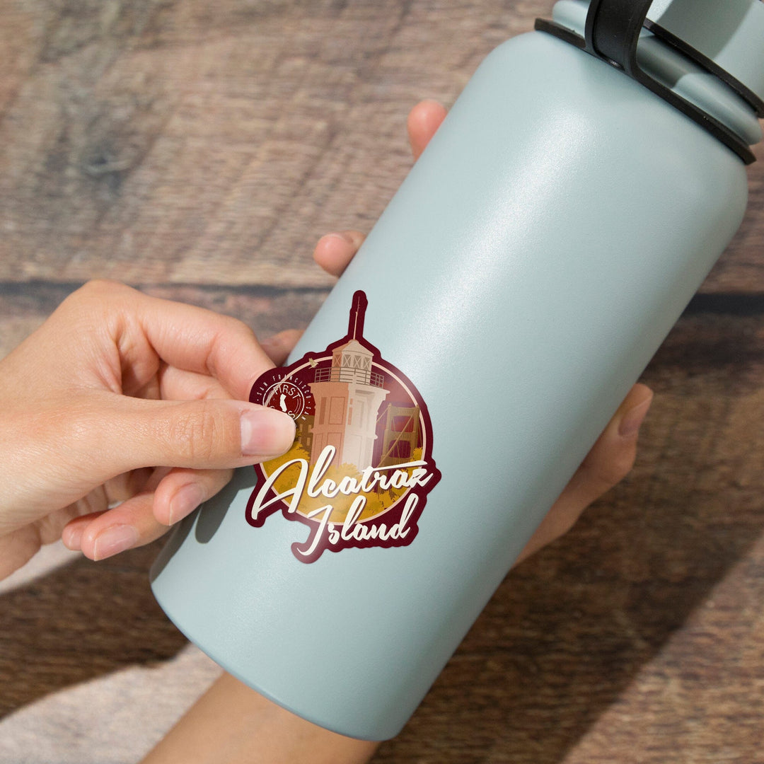 San Francisco, California, Alcatraz Island, Vintage Landmark Stamp, Contour, Vinyl Sticker Sticker Lantern Press 