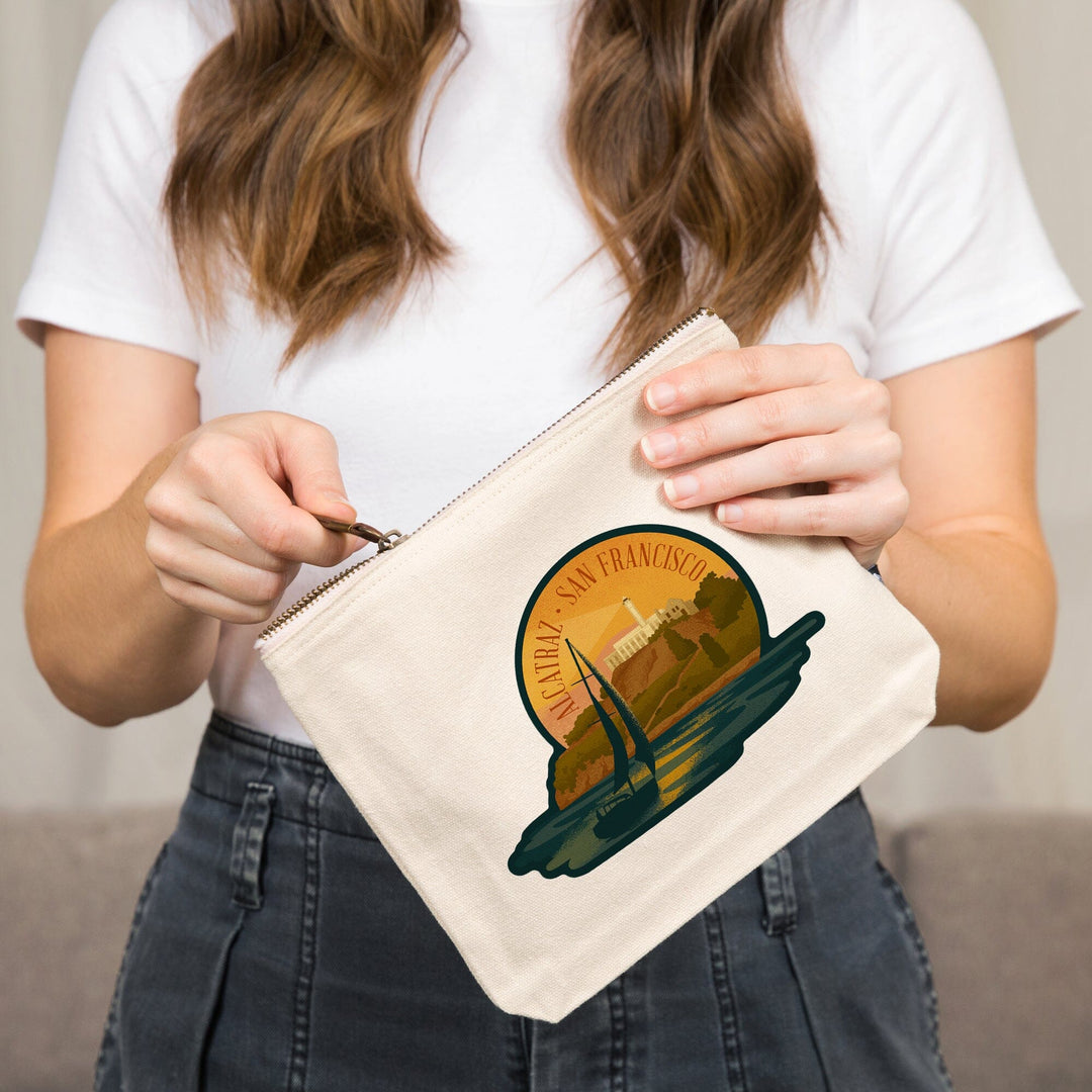 San Francisco, California, Alcatraz, Lithograph,, Organic Cotton Zipper Pouch, Go Bag Go Bag Lantern Press 