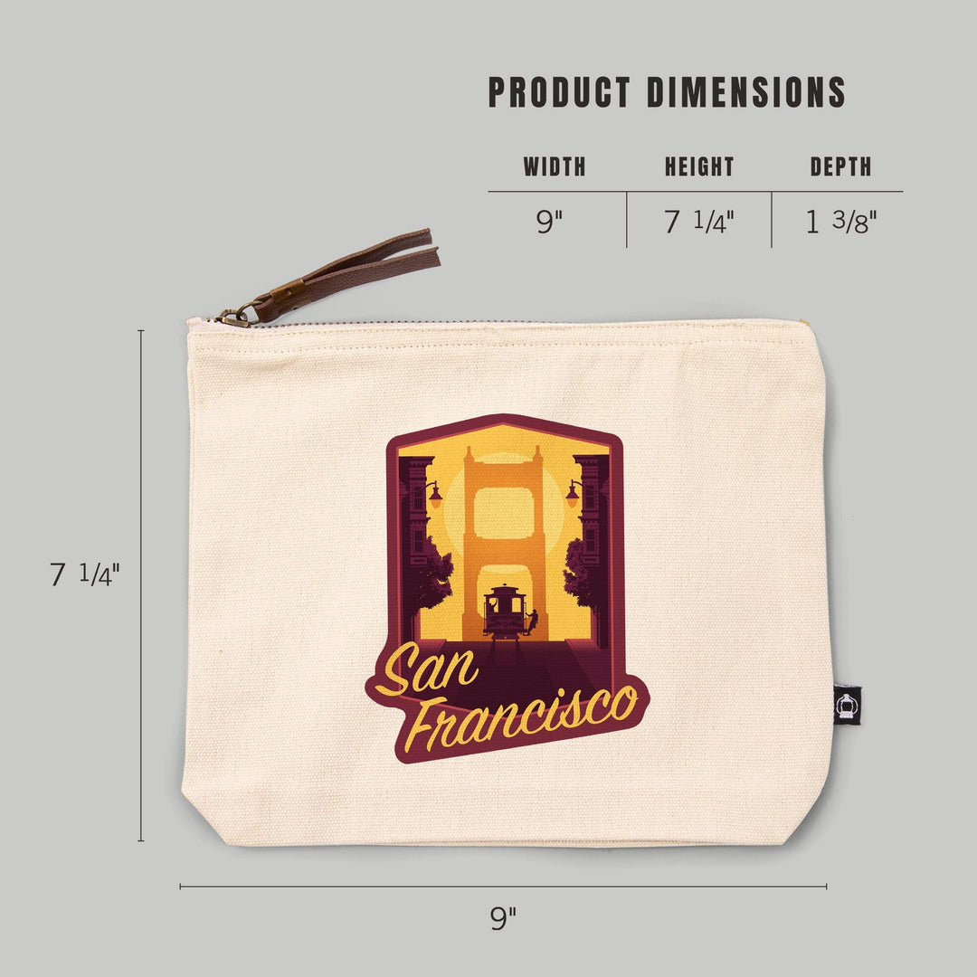 San Francisco, California, Cable Car and Bridge at Sunset,, Organic Cotton Zipper Pouch, Go Bag Go Bag Lantern Press 
