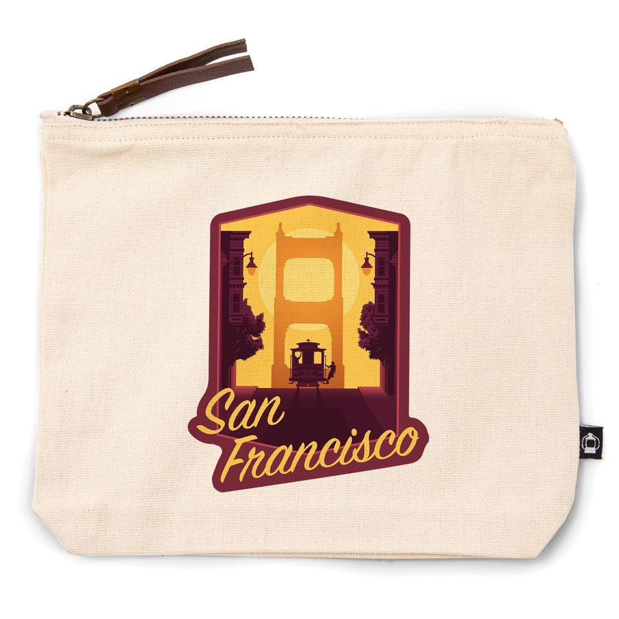 San Francisco, California, Cable Car and Bridge at Sunset,, Organic Cotton Zipper Pouch, Go Bag Go Bag Lantern Press 