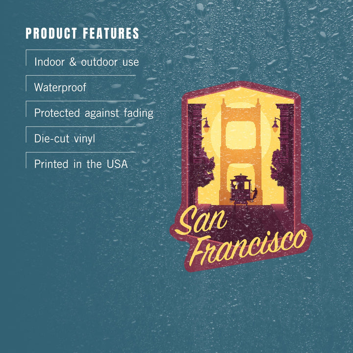 San Francisco, California, Cable Car & Bridge at Sunset, Contour, Lantern Press Artwork, Vinyl Sticker Sticker Lantern Press 