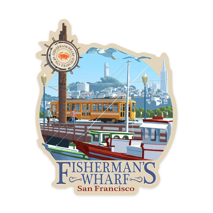 San Francisco, California, Fisherman's Wharf, Contour, Vinyl Sticker Sticker Lantern Press 