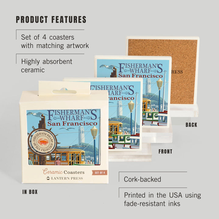 San Francisco, California, Fisherman's Wharf, Lantern Press Artwork, Coaster Set Coasters Lantern Press 