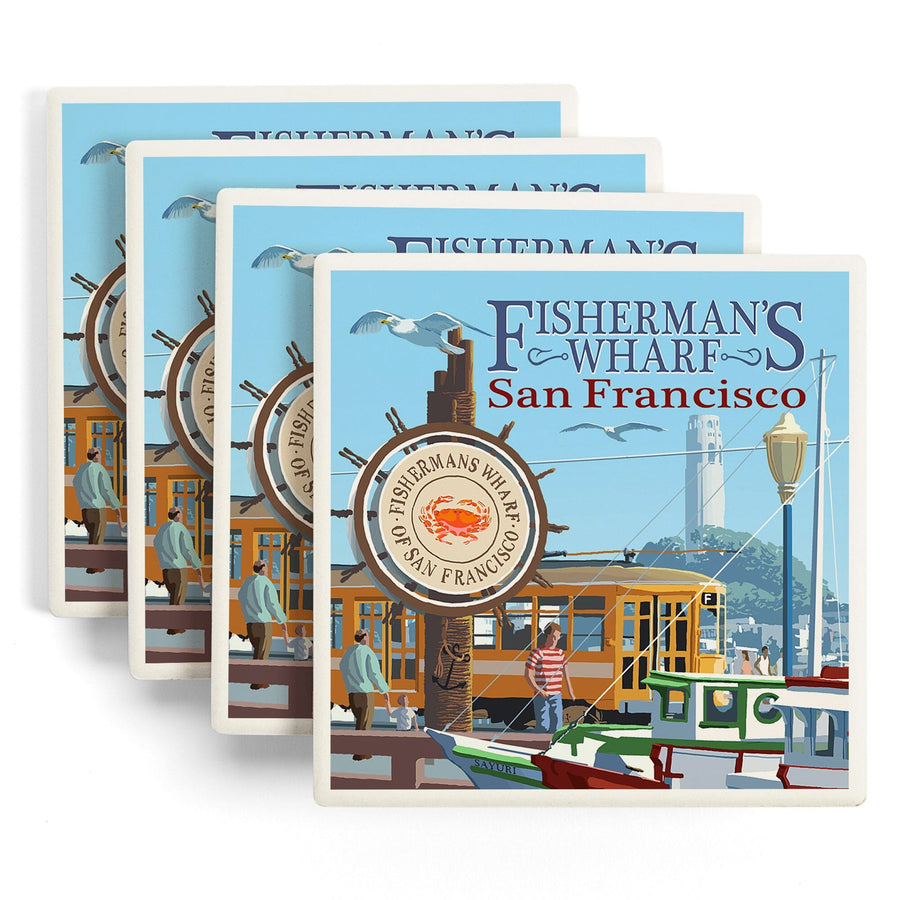 San Francisco, California, Fisherman's Wharf, Lantern Press Artwork, Coaster Set Coasters Lantern Press 