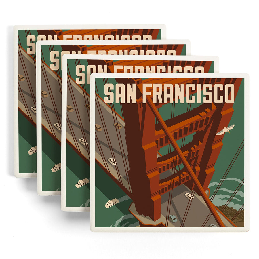 San Francisco, California, Golden Gate Bridge Aerial, Lantern Press Artwork, Coaster Set Coasters Lantern Press 