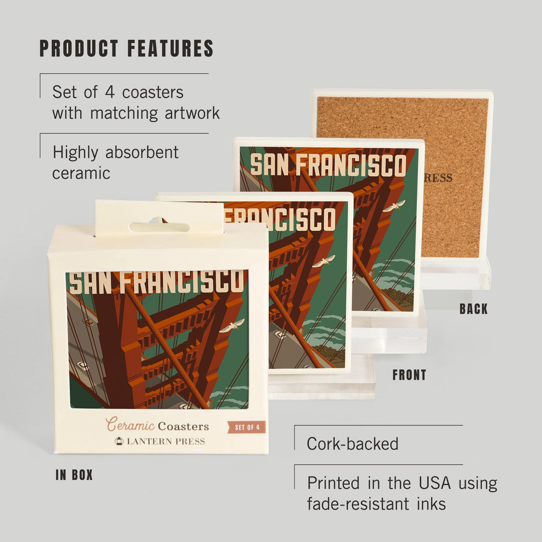 San Francisco, California, Golden Gate Bridge Aerial, Lantern Press Artwork, Coaster Set Coasters Lantern Press 