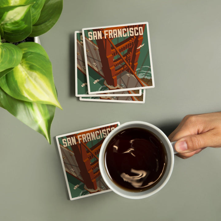 San Francisco, California, Golden Gate Bridge Aerial, Lantern Press Artwork, Coaster Set Coasters Lantern Press 