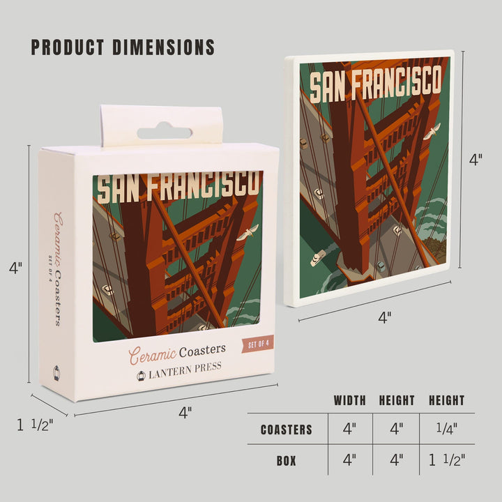 San Francisco, California, Golden Gate Bridge Aerial, Lantern Press Artwork, Coaster Set Coasters Lantern Press 