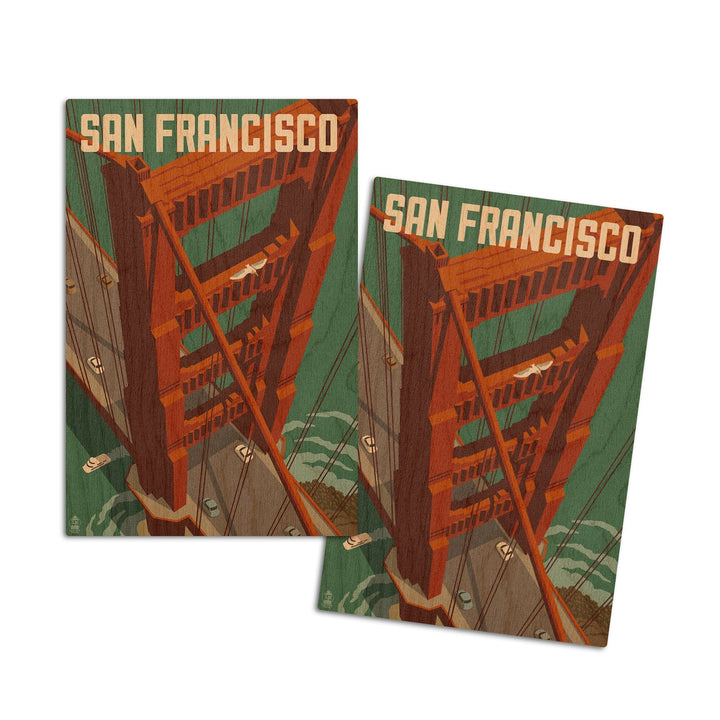 San Francisco, California, Golden Gate Bridge Aerial, Lantern Press Artwork, Wood Signs and Postcards Wood Lantern Press 4x6 Wood Postcard Set 