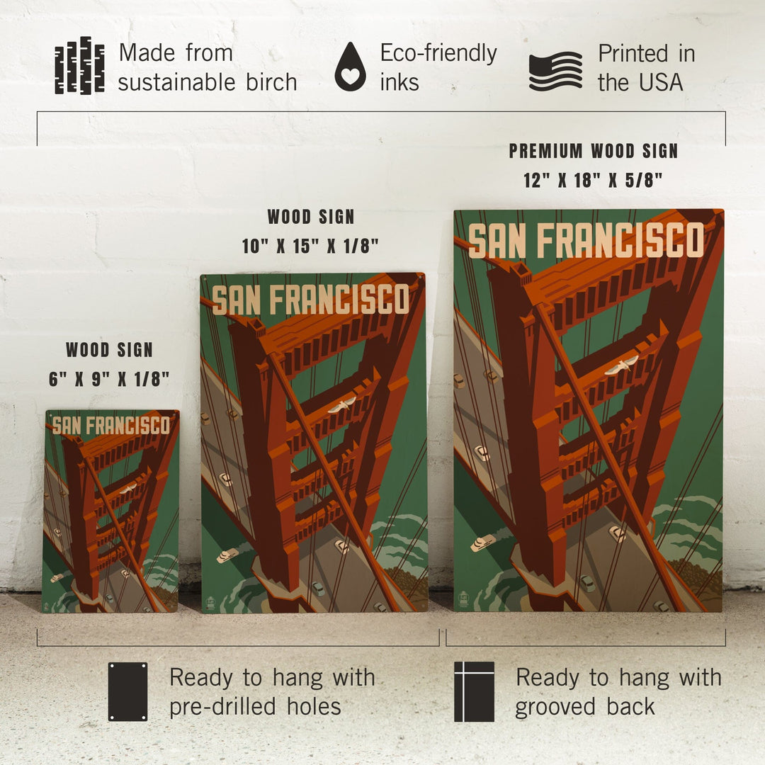San Francisco, California, Golden Gate Bridge Aerial, Lantern Press Artwork, Wood Signs and Postcards Wood Lantern Press 