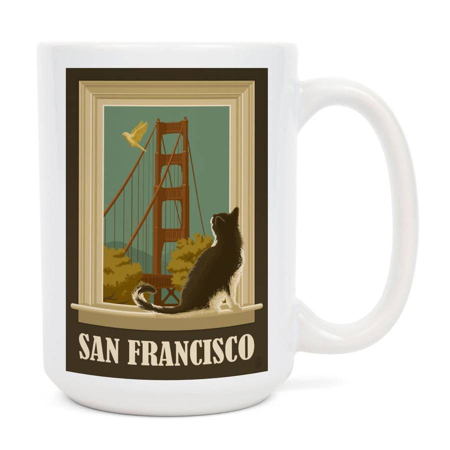 San Francisco, California, Golden Gate Bridge and Cat Window, Ceramic Mug Mugs Lantern Press 