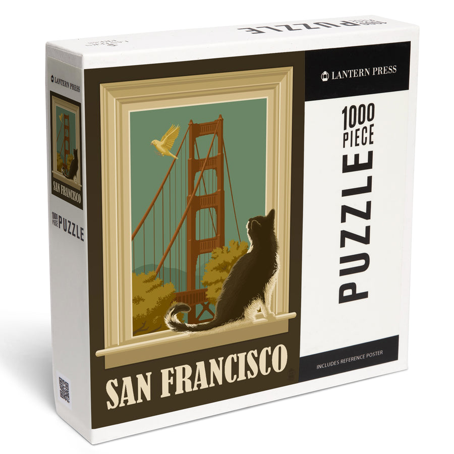 San Francisco, California, Golden Gate Bridge and Cat Window, Jigsaw Puzzle Puzzle Lantern Press 