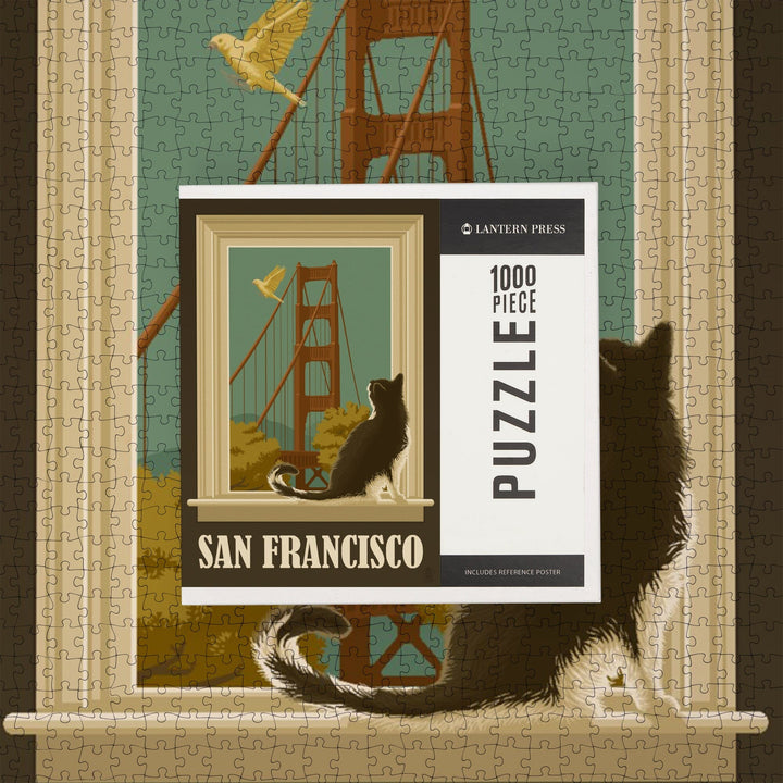 San Francisco, California, Golden Gate Bridge and Cat Window, Jigsaw Puzzle Puzzle Lantern Press 