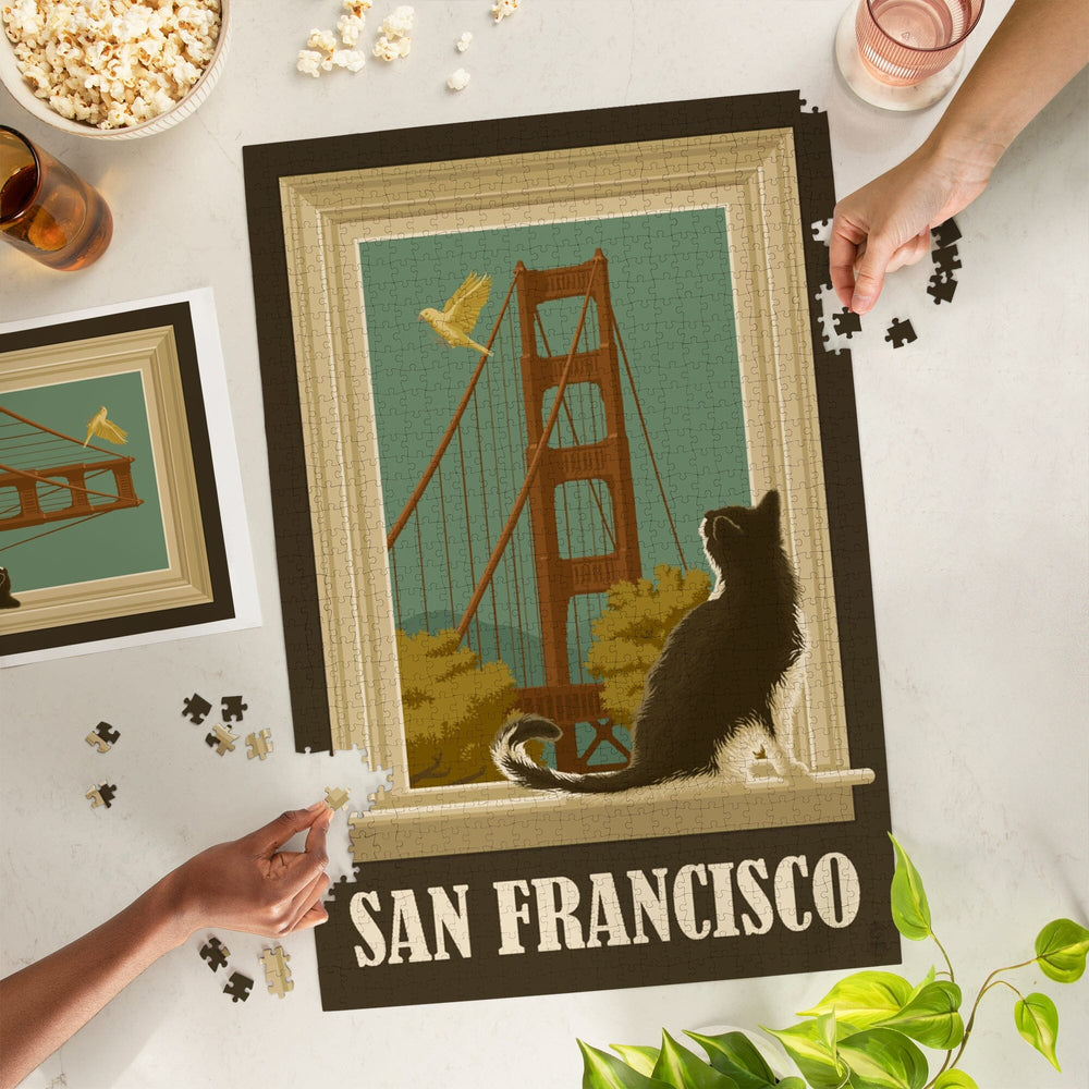 San Francisco, California, Golden Gate Bridge and Cat Window, Jigsaw Puzzle Puzzle Lantern Press 