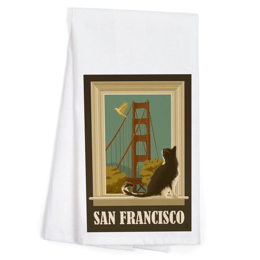 San Francisco, California, Golden Gate Bridge and Cat Window, Organic Cotton Kitchen Tea Towels Kitchen Lantern Press 