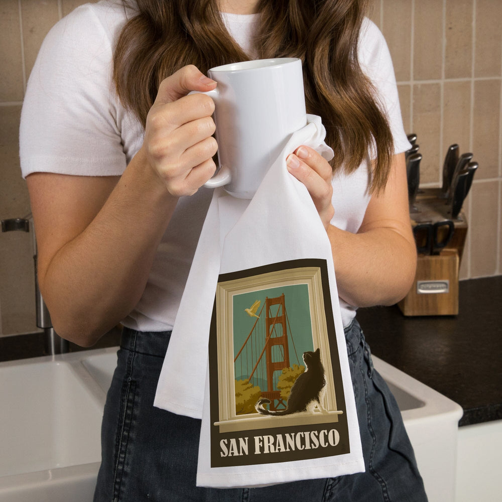 San Francisco, California, Golden Gate Bridge and Cat Window, Organic Cotton Kitchen Tea Towels Kitchen Lantern Press 